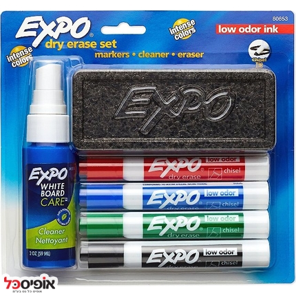 סט 4 טושים ללוח מחיק + מחק וספריי ניקוי EXPO